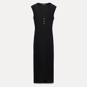 ZARA COTTON RIBBED SLEEVELESS V NECK MIDI DRESS with BUTTON DETAIL Black M